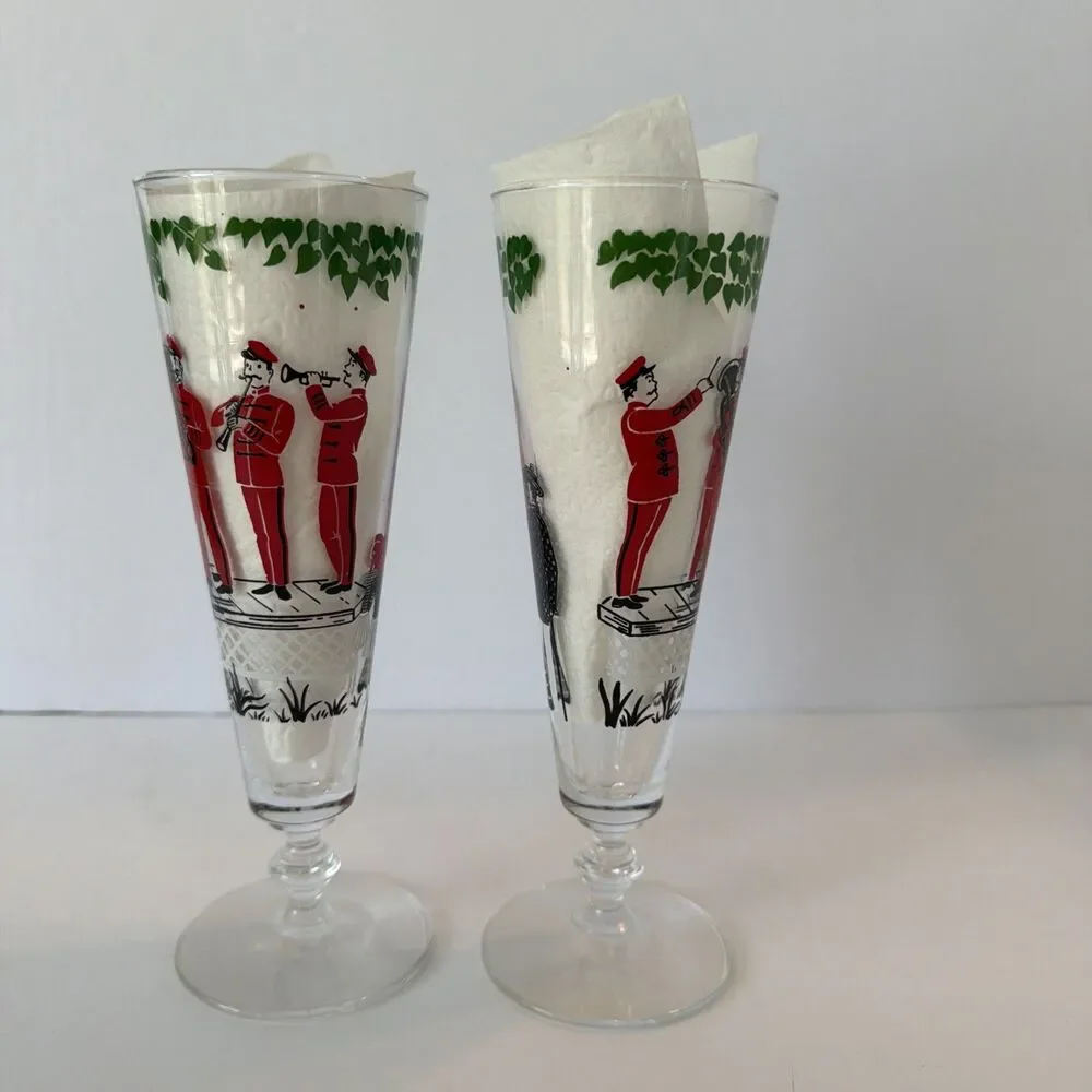 Vintage Stemmed Beer Pilsner Glasses Pair Musicians Band Retro MCM Barware Pub